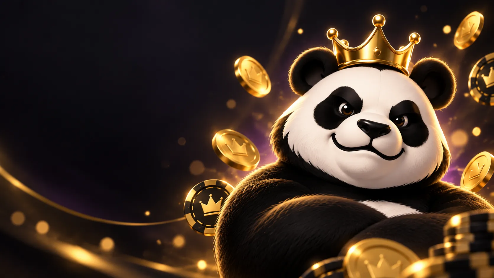 Ilustração editorial de um panda com coroa cercado por fichas douradas